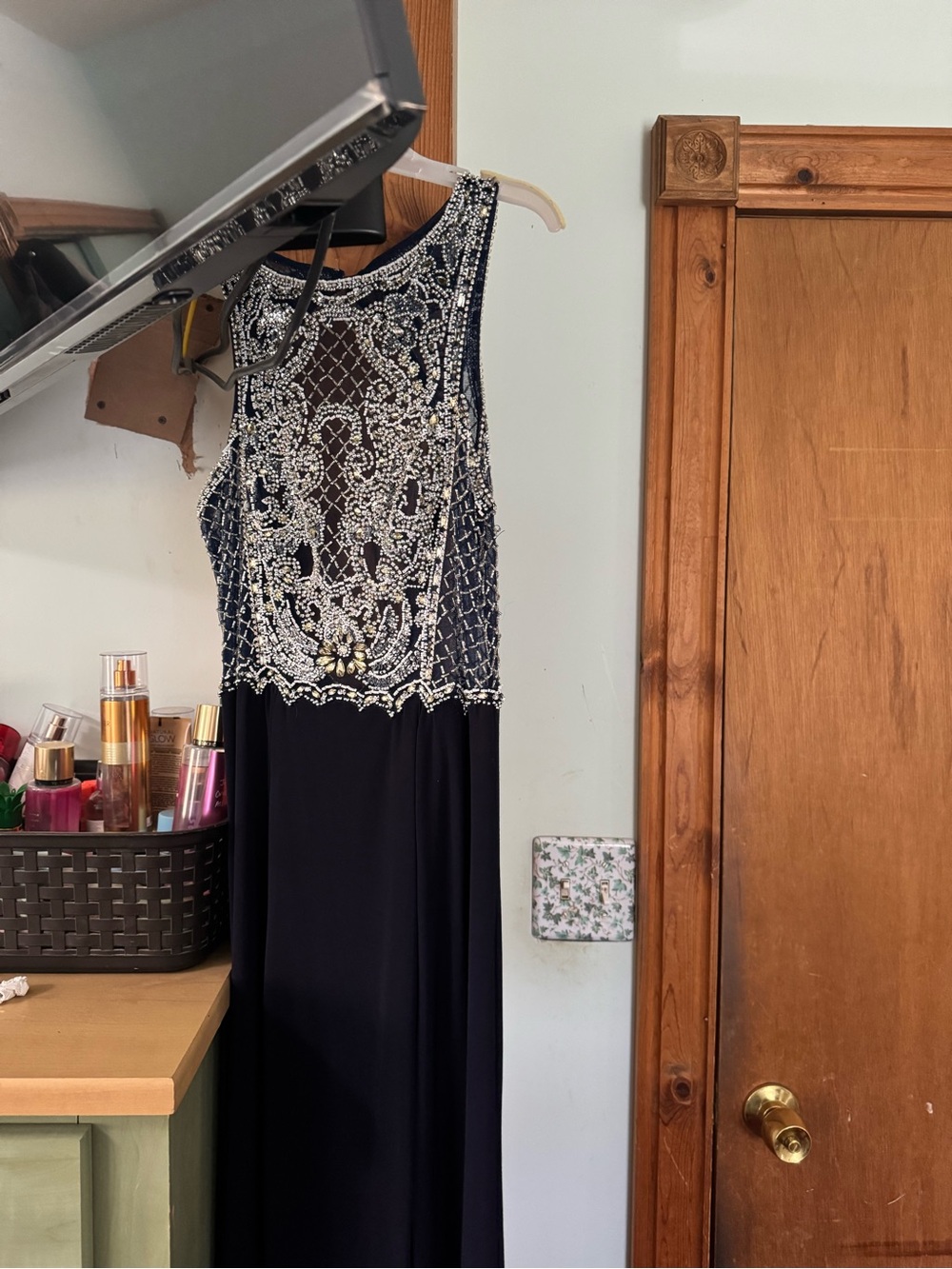 Dave & Johnny Navy and Silver Beaded Prom Gown